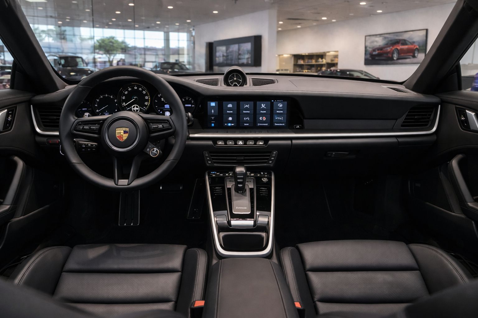 Cockpit overview showing steering wheel and driver display