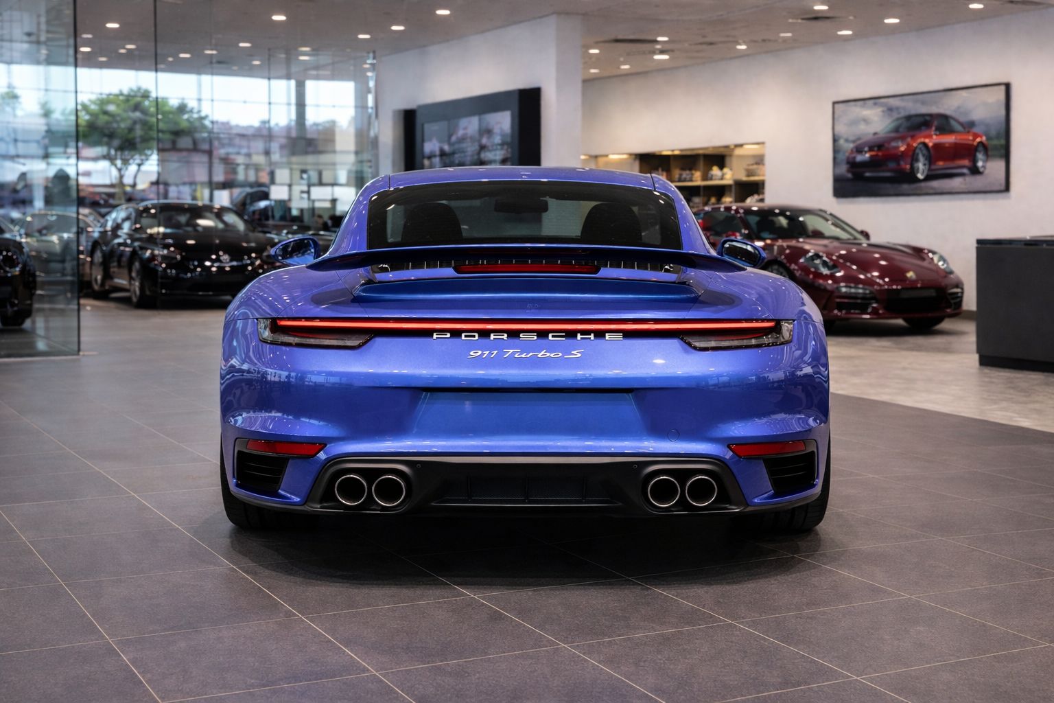 Porsche 992.2 Turbo S showroom gallery rear view