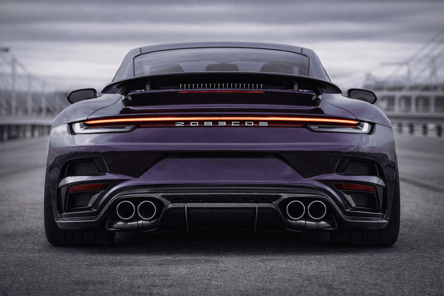 Rear view of bespoke Porsche 991.2 Turbo S with integrated diffuser and exhaust