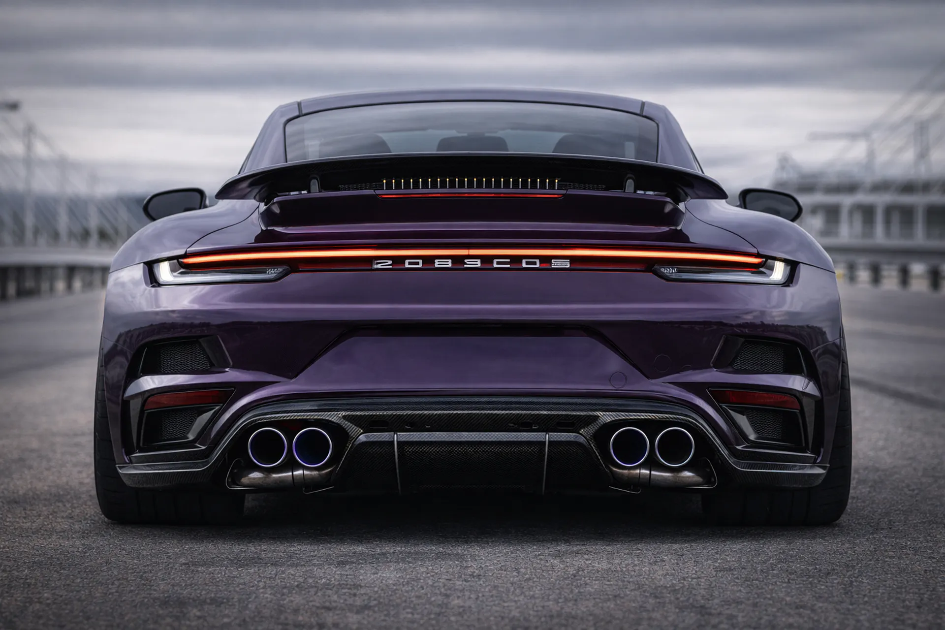 Rear view of bespoke Porsche 991.2 Turbo S with integrated diffuser and exhaust