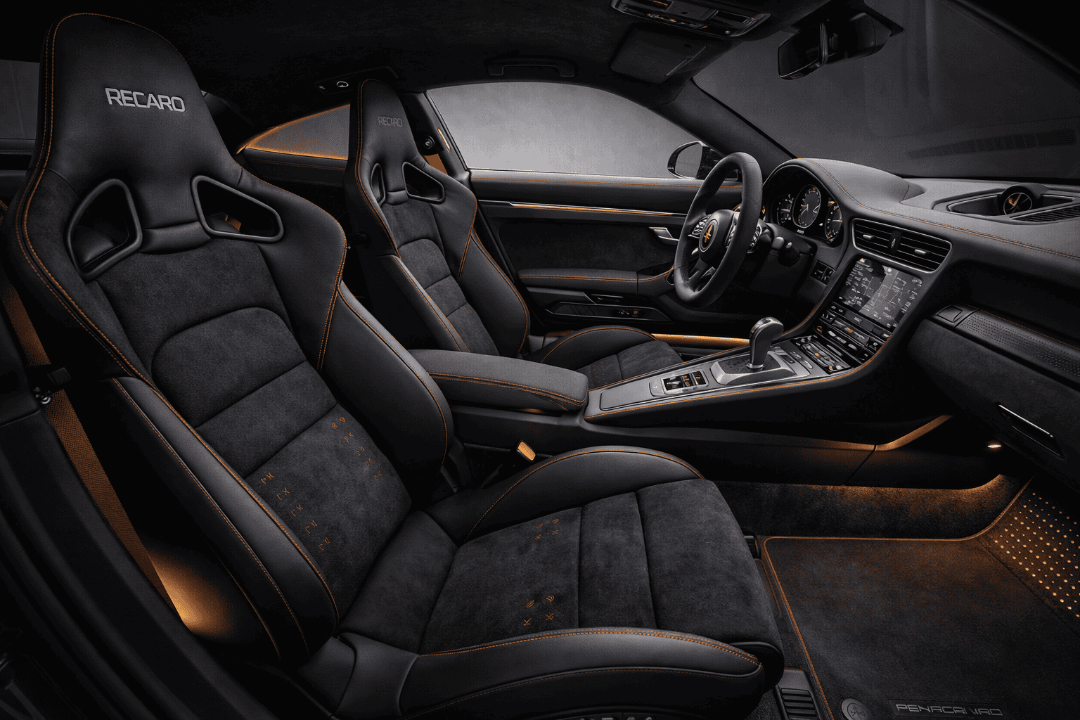 Luxury interior of bespoke Porsche 991.2 Turbo S with Recaro seats leather and Alcantara