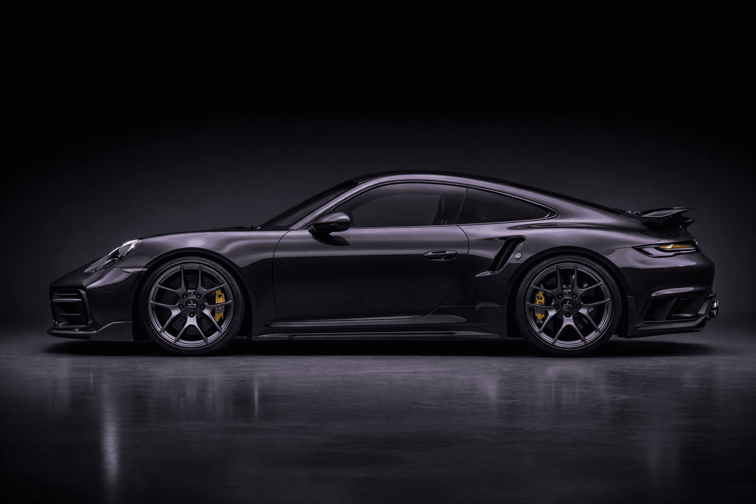 Bespoke Porsche 991.2 Turbo S side view by Micarja Racing in metallic purple