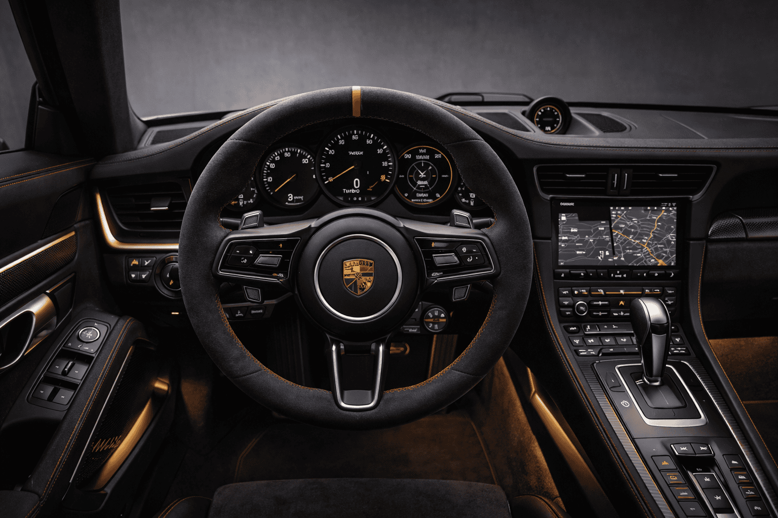 Cockpit of custom Porsche 991.2 Turbo S with Alcantara steering wheel