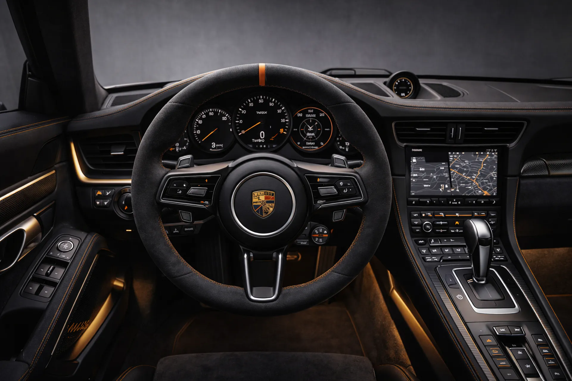 Bespoke Porsche cockpit with Alcantara steering wheel and premium driver controls