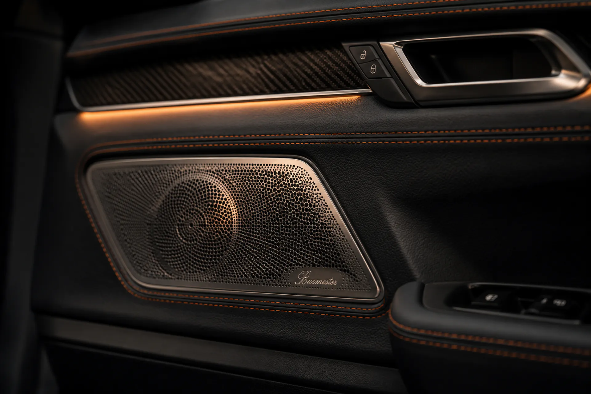 Burmester audio speaker in a bespoke Porsche interior with satin carbon trim