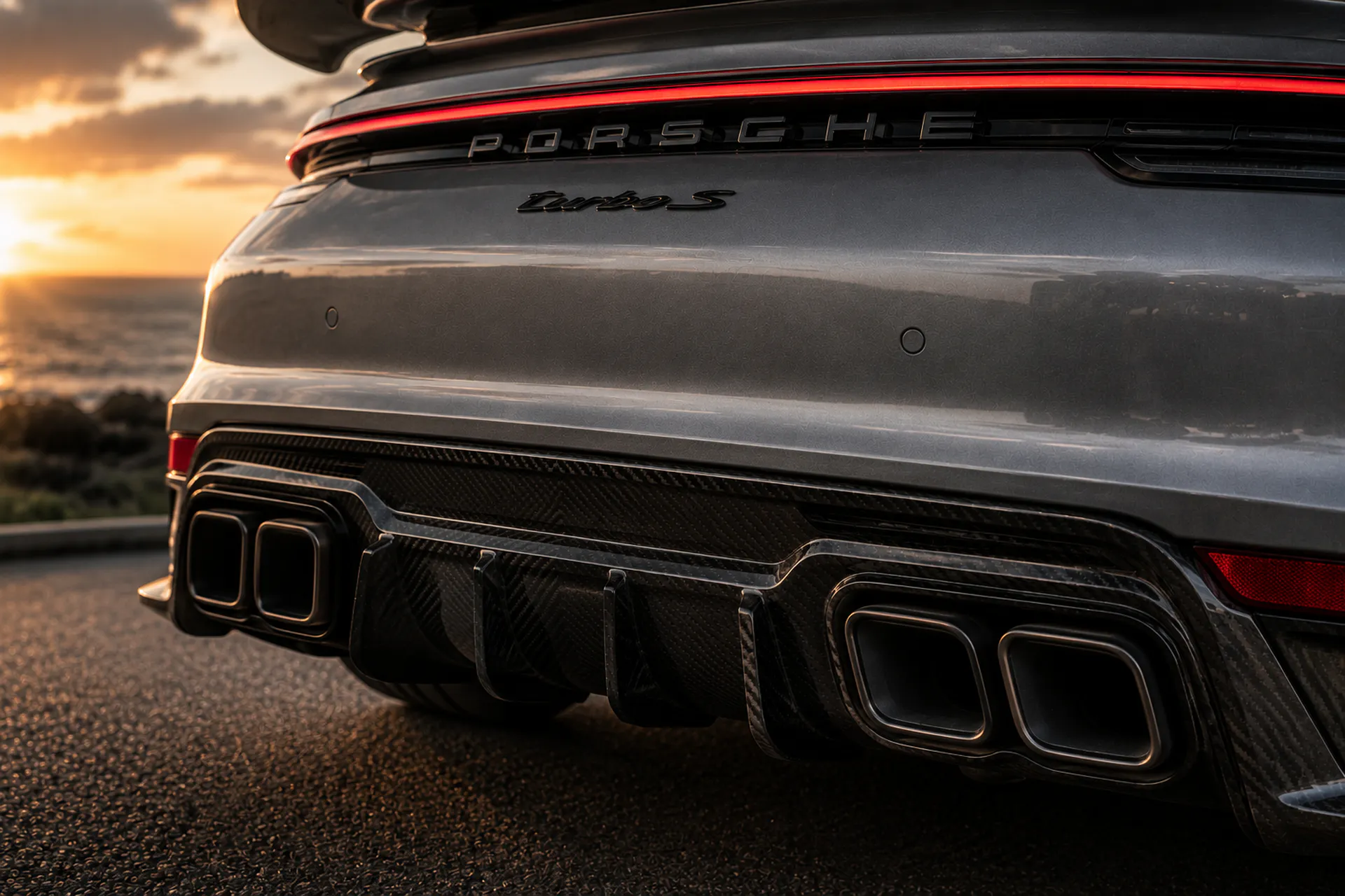 Porsche 992.2 Turbo S performance exhaust and rear diffuser detail