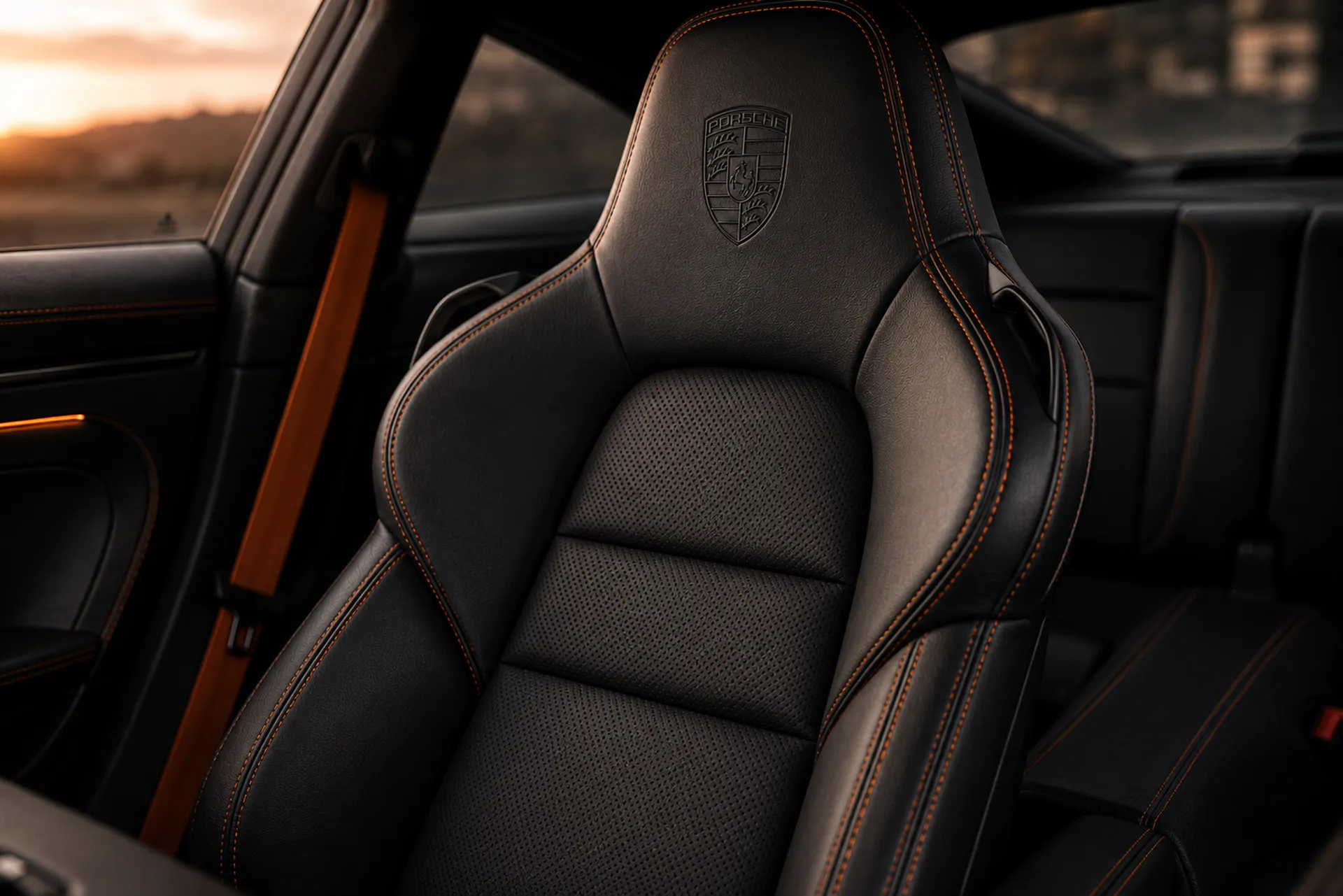 Porsche sport seat headrest with embossed crest and bespoke orange stitching
