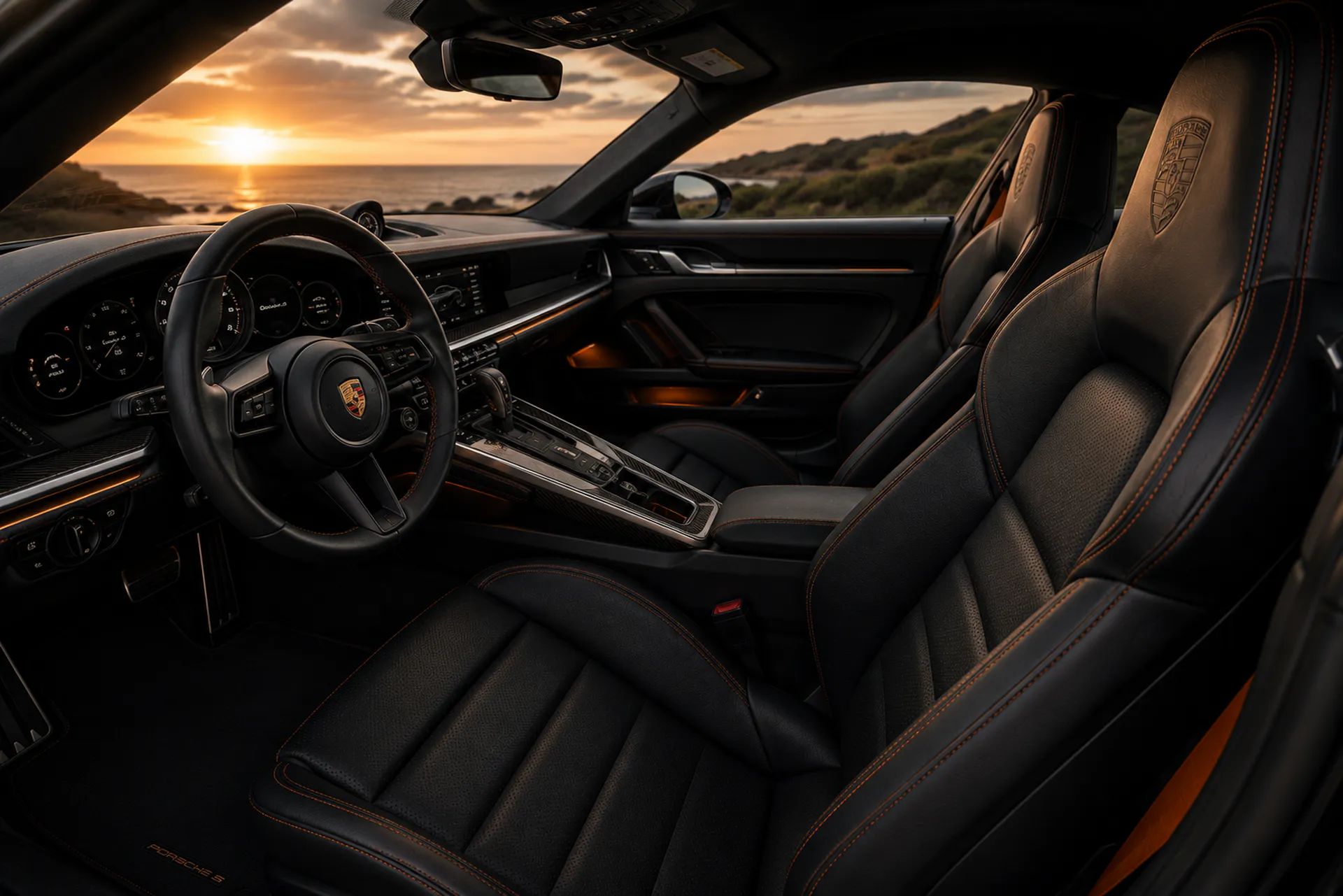 Pair of bespoke Porsche sport seats with perforated leather and Burnt Metallic Orange seatbelts
