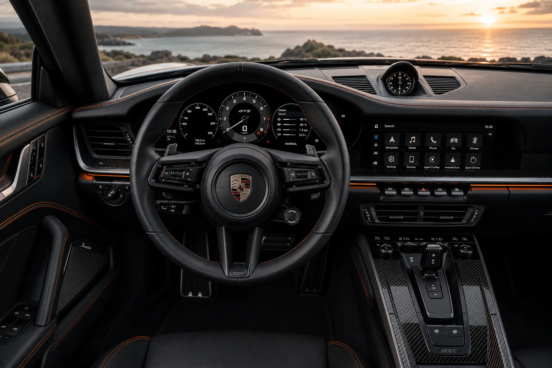 Bespoke Porsche interior design with original steering wheel, satin carbon and orange stitching